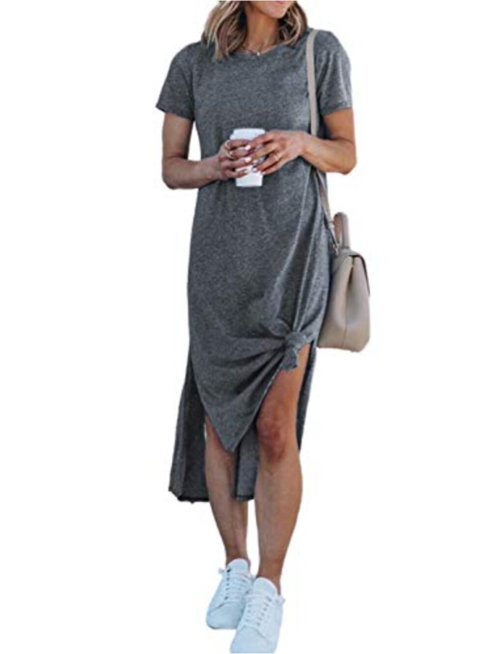 100% Cotton Casual Summer Midi Dress with Pockets, High Slit, Loose Fit, Short